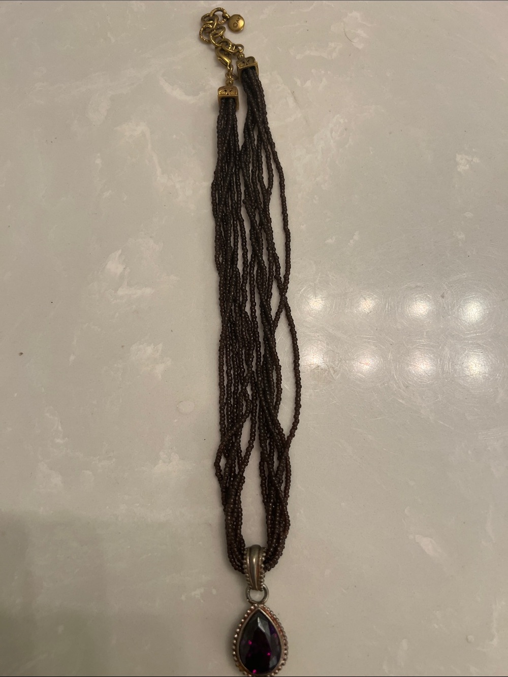 Anne Klein Brown Beaded Multi-Strand Necklace with Purple Teardrop Pendant